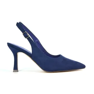 Valerie Stiletto High Heel Closed Toe Slingback Court Shoes in Navy Faux Suede