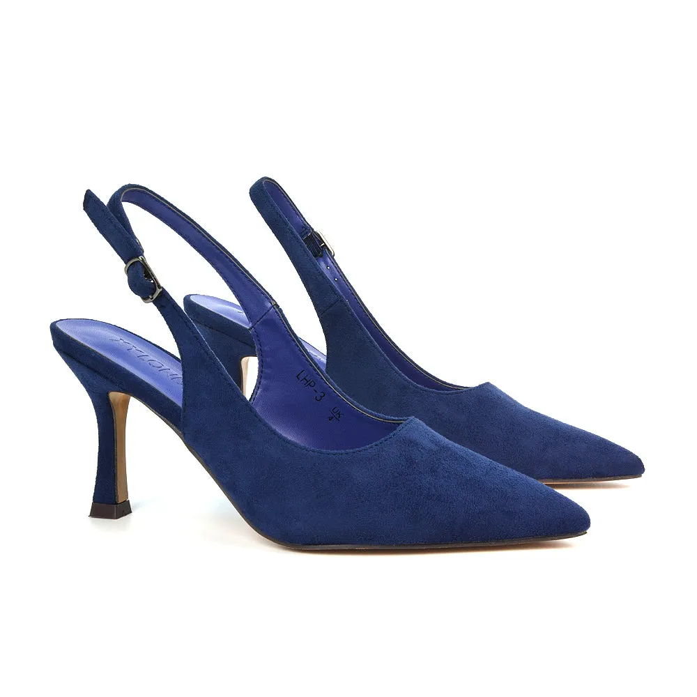 Valerie Stiletto High Heel Closed Toe Slingback Court Shoes in Navy Faux Suede