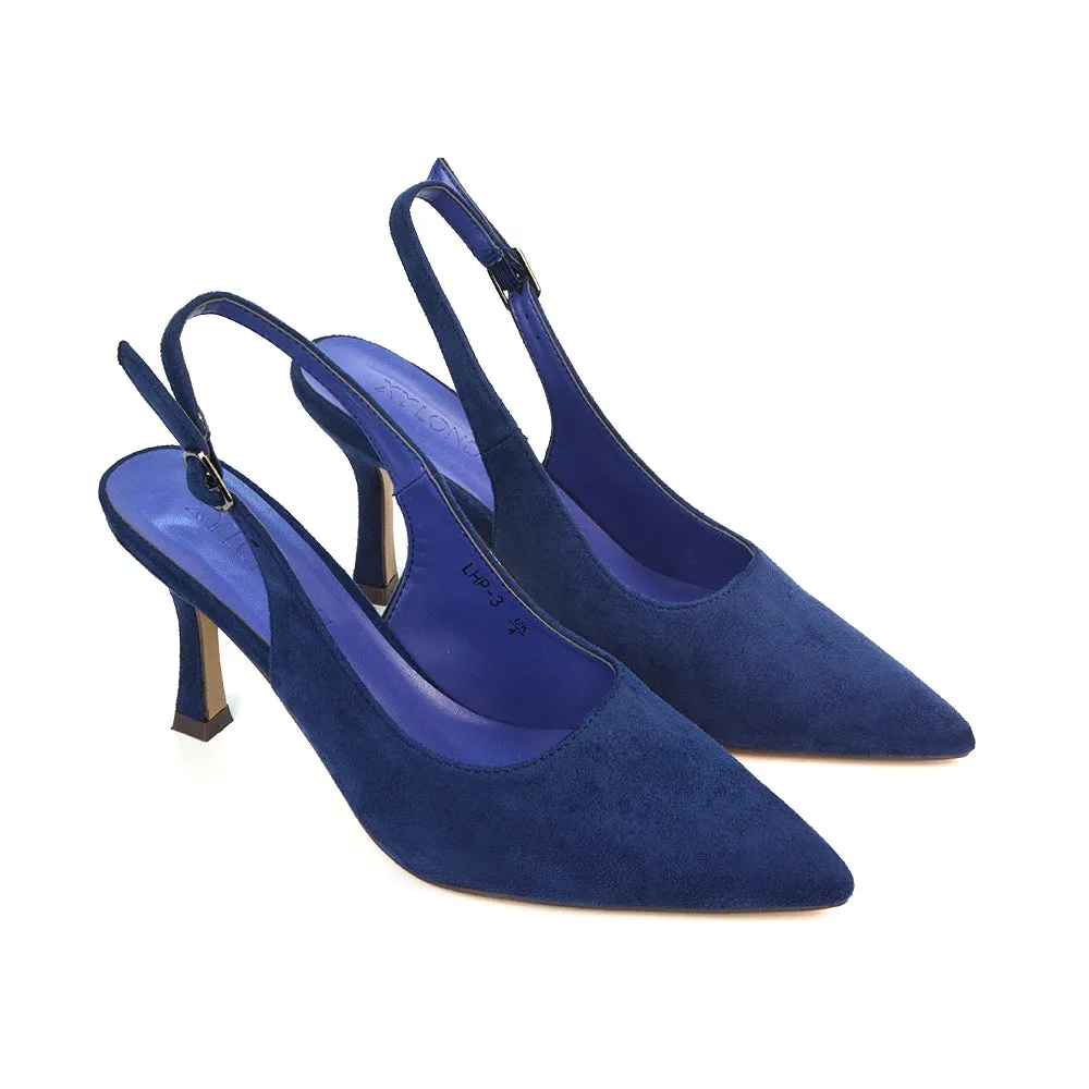 Valerie Stiletto High Heel Closed Toe Slingback Court Shoes in Navy Faux Suede