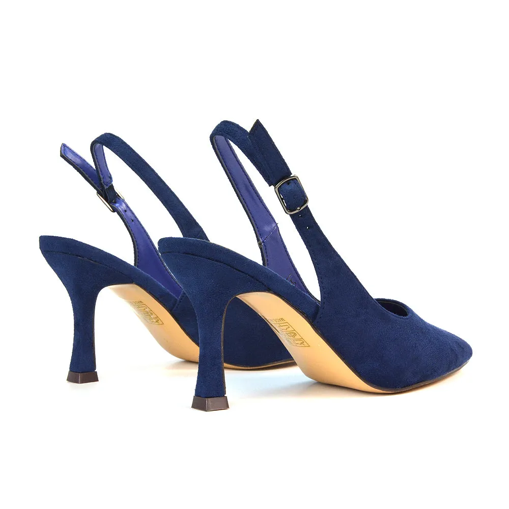 Valerie Stiletto High Heel Closed Toe Slingback Court Shoes in Navy Faux Suede