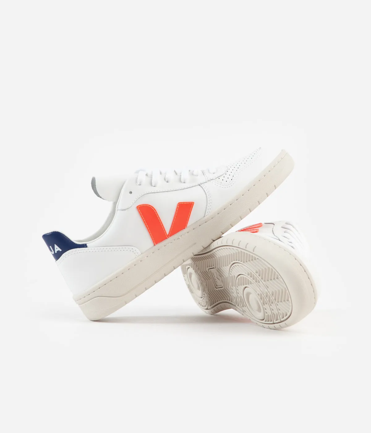 Veja Womens V-10 Leather Shoes - Extra White / Orange Fluoro / Cobalt