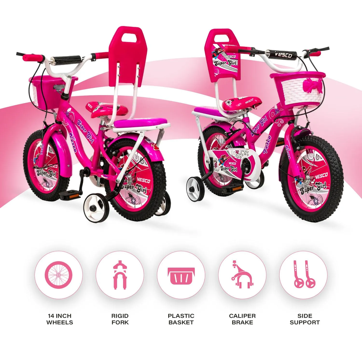 VESCO Cycles for Kids 14T Bike with Balance tyre | Freestyle Kids Street 14 Inch Bicycle for Girls Ages 3-5 Years (Pink)