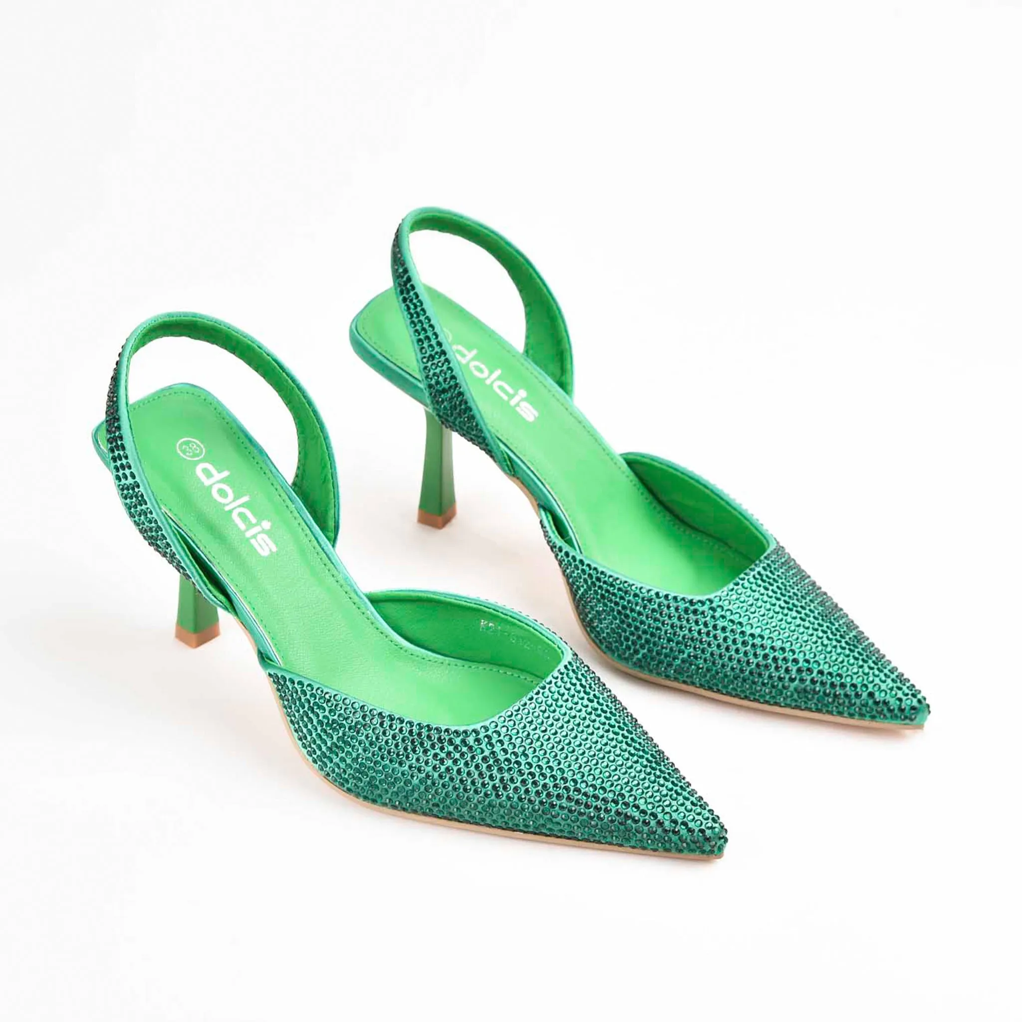 Vibrant Green Rhinestone Slingback Heels | 467M-K