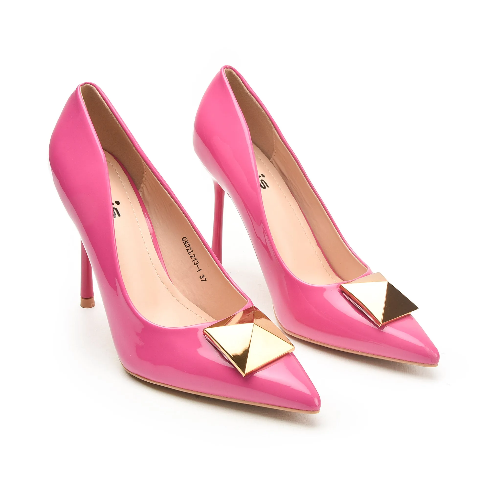 Vibrant Pink Stiletto Heels with Gold Pyramid Accent | 439N-P