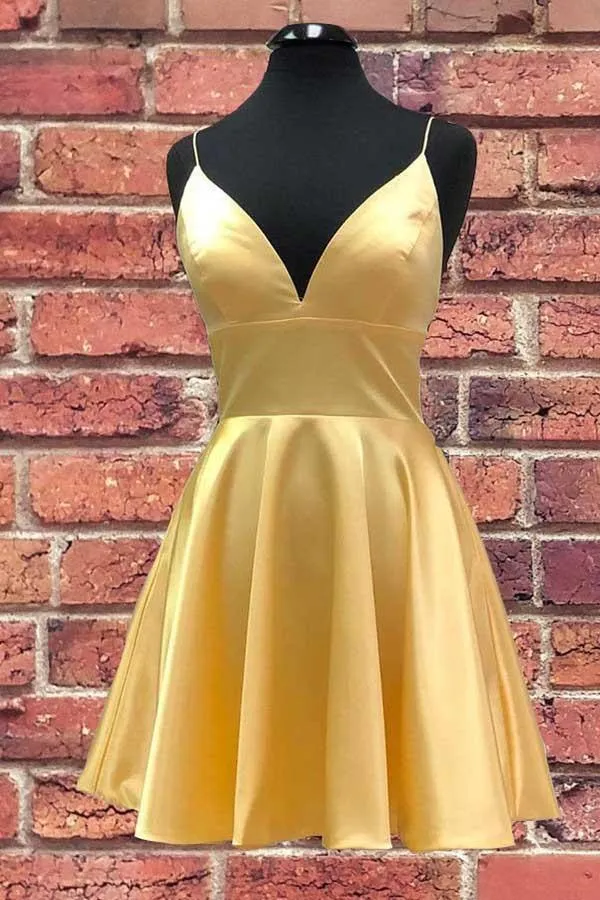 Yellow V Neck Satin Straps Homecoming Dresses Short Prom Dress  PD279